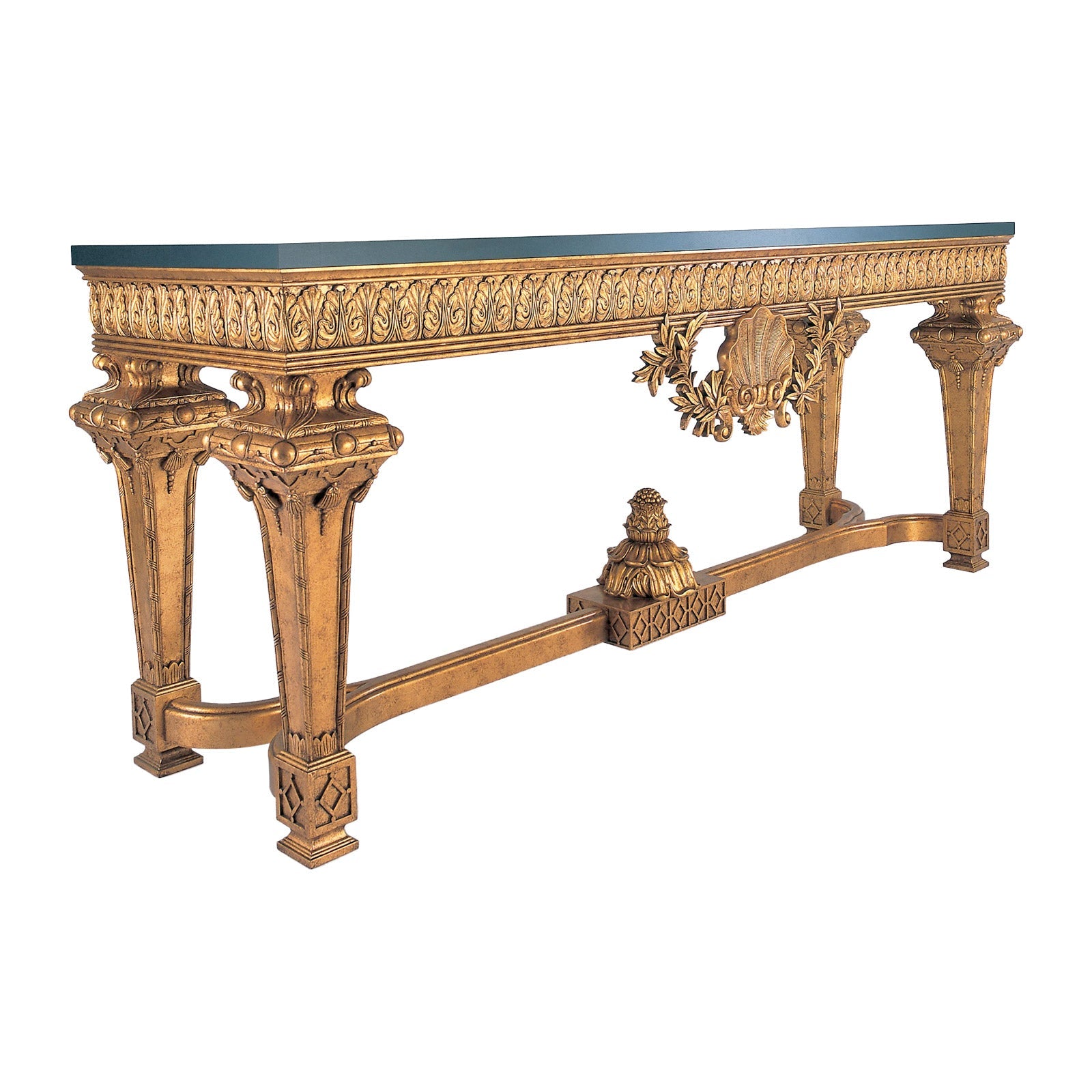 Bolier Classics Heavily Carved French Console Shell Motif In Antique Gold & Marble Top