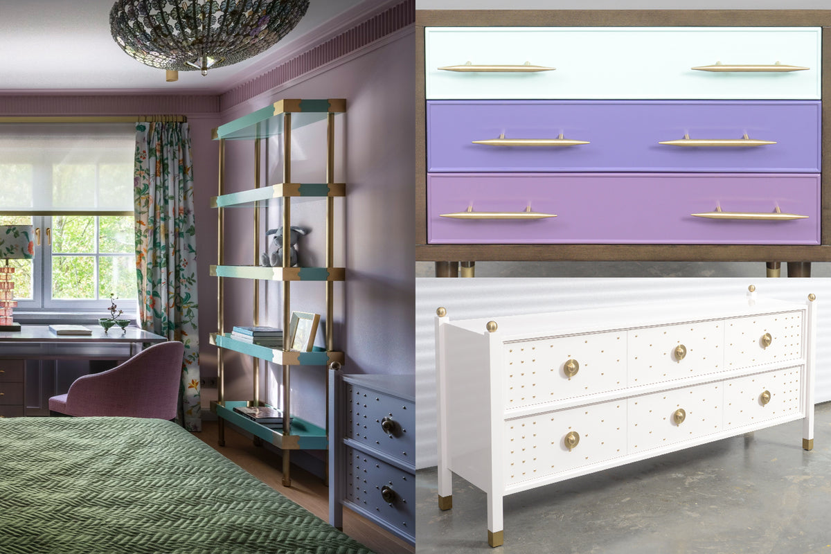  Room interior with a bed and bookshelf, and a close-up of a white dresser with gold knobs.