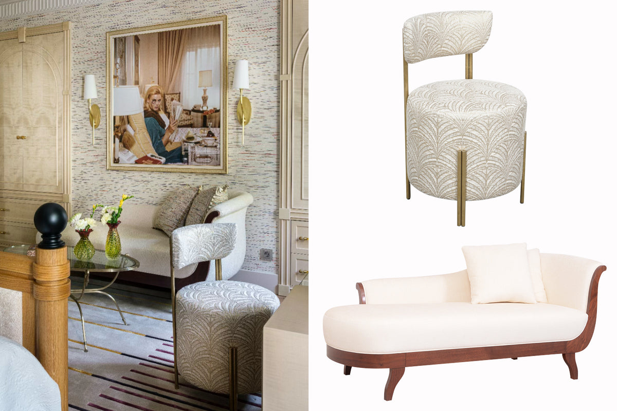Decorative interior setting with a framed picture and upholstered chaise lounge and stool.