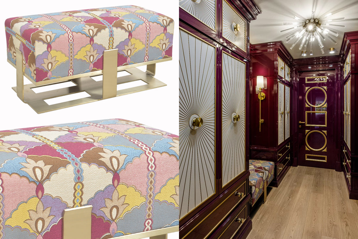 Decorative bench with a colourful pattern and a luxurious room interior.
