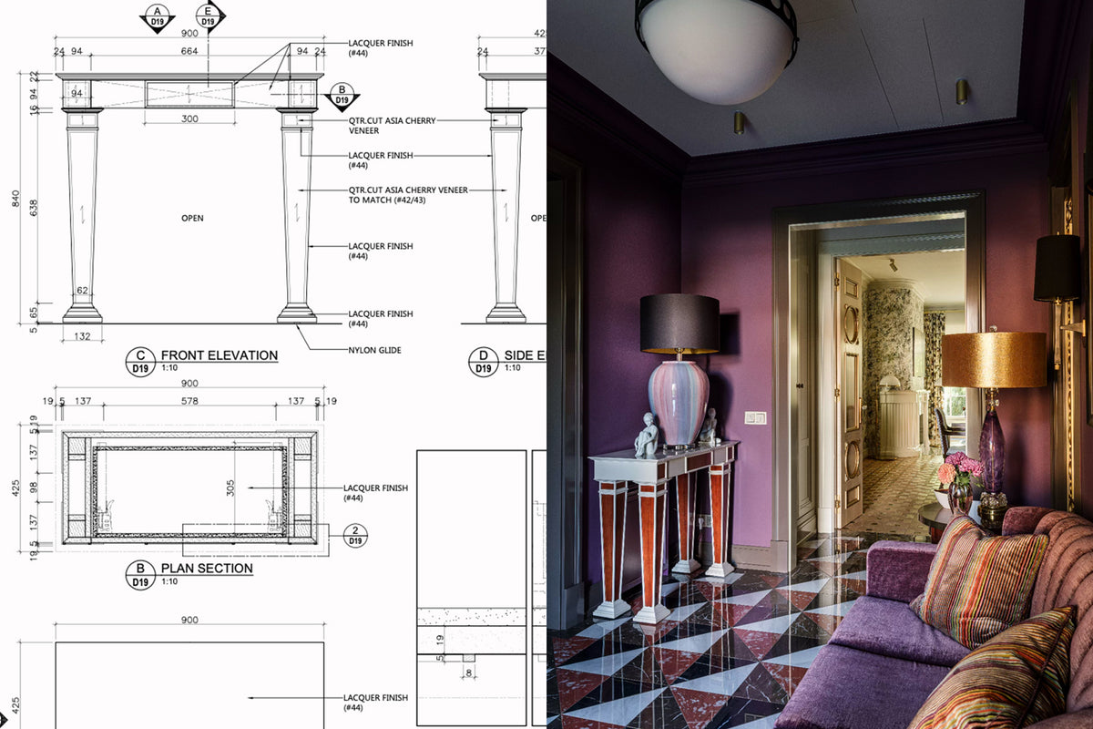 Design drawings of a console and interior design layout with purple walls and the console from the drawing.