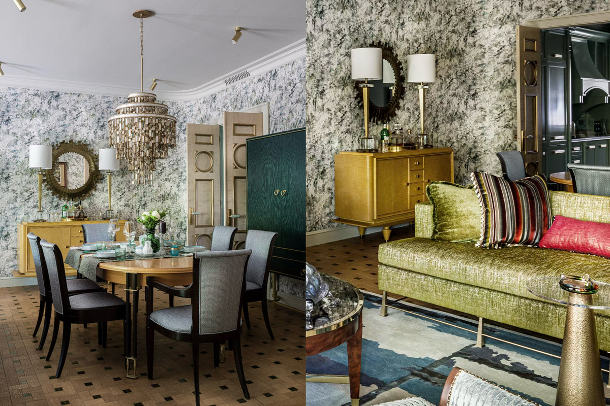 Two interior design images: a dining area with a table and chairs, and a living room with a sofa and decorative pillows.