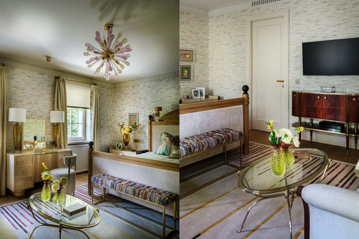 Two rooms with decorative elements including a chandelier, TV, and furniture.