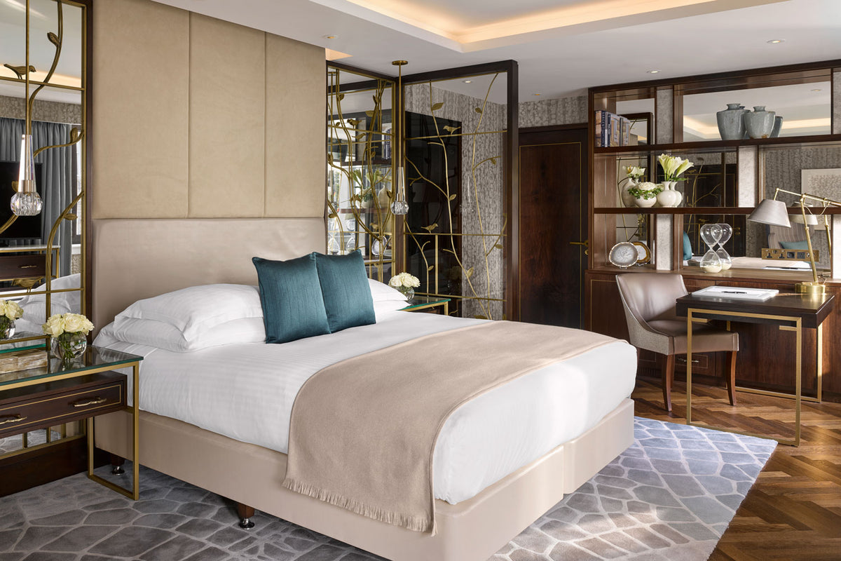 A modern hotel room furnished by Decca. 