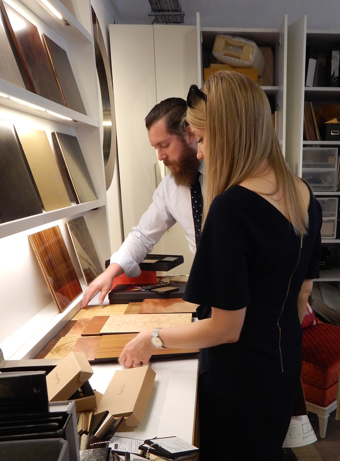 Cecilia of Elicyon going through samples at Decca London // Bespoke by Decca London workshop