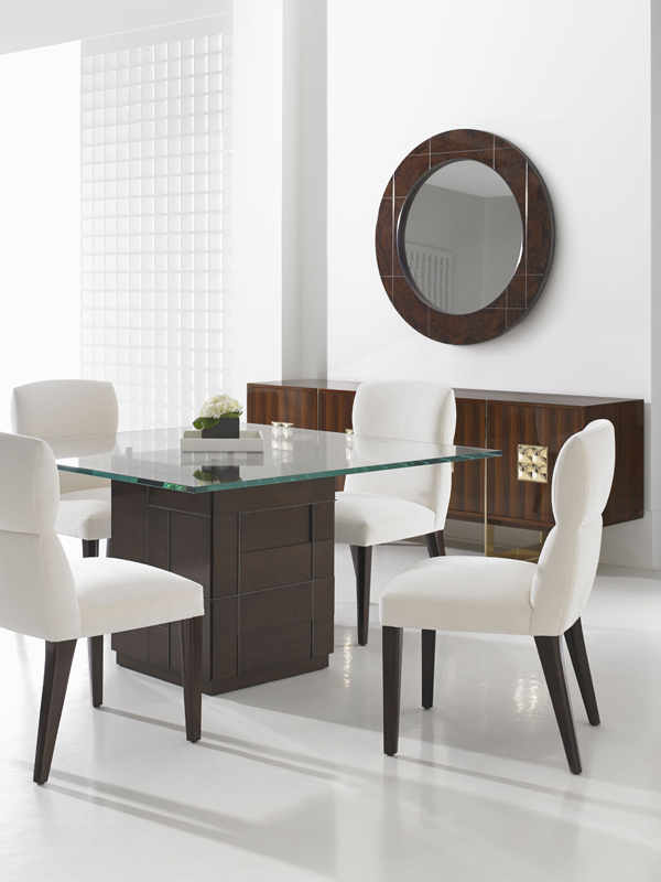 Cosmopolitan By Dakota Jackson - Decca London - luxury dining room - luxury dining chairs - white dining room - glass top dining table