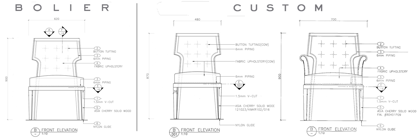 Line drawings of different designs of the Atelier dining chair by Bolier // Customised Bolier pieces by Decca London