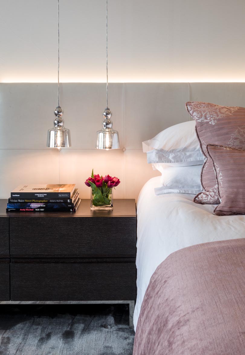 Decca London-residential projects-Michael Veal-master bedroom--bedside table-pink furniture-bespoke by decca