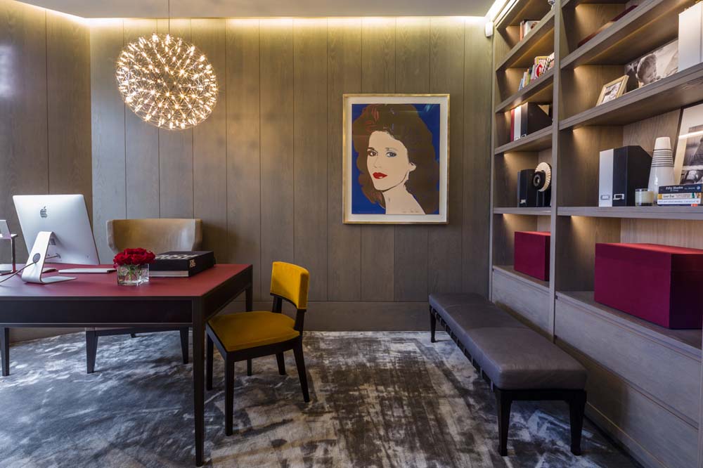 Decca London-residential projects-Michael Veal-private office-study room-red desk-leather bench-bespoke by decca