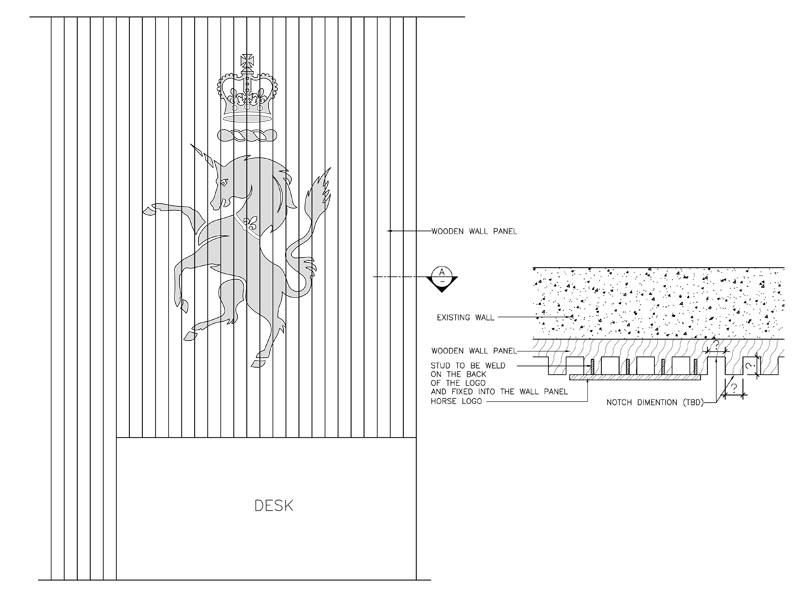 Decca London case studies // One Kensington Gardens laser-cut unicorn logo shop drawing